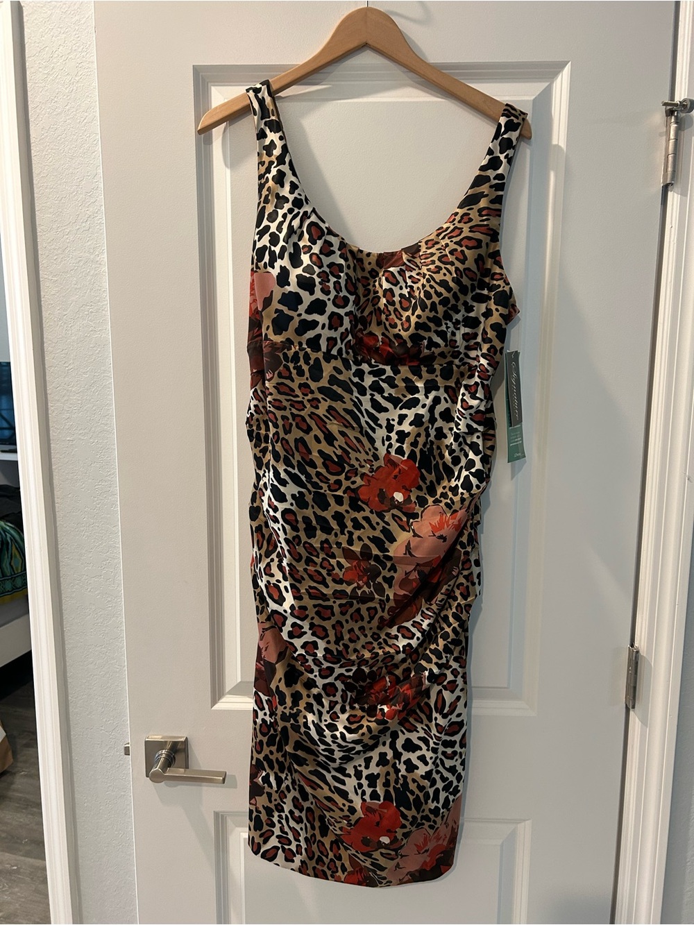 Signature by Sangria Satin Leopard & Floral Tank Dress in Brown and Red